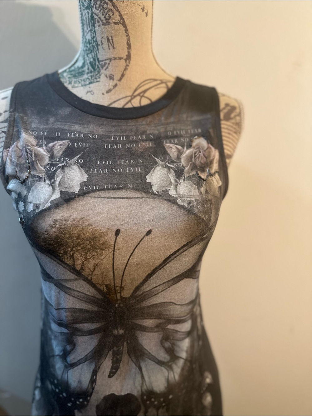 Religion Brand Sleeveless Gray Skull & Butterfly Tunic